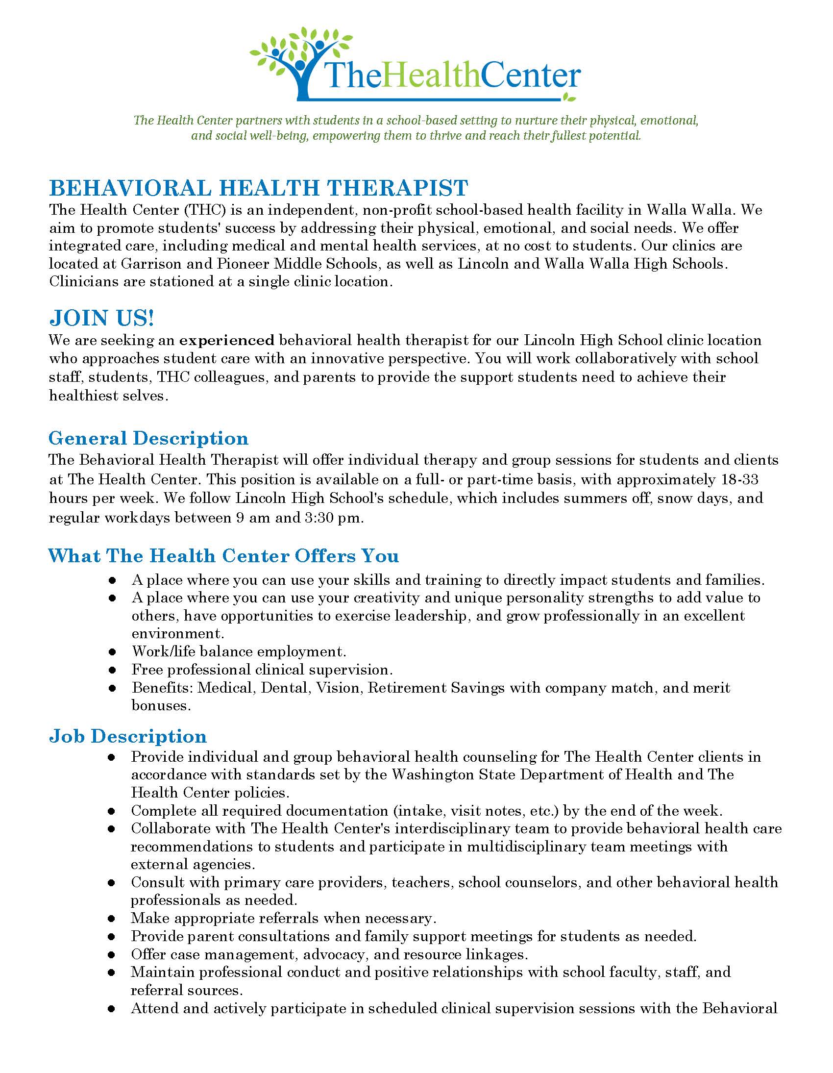 Lincoln THC Behavioral Health Therapist Job Description 7.16.2026 Page 1